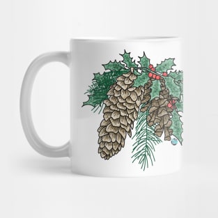 Evergreen, Pinecones, and Holly Mug